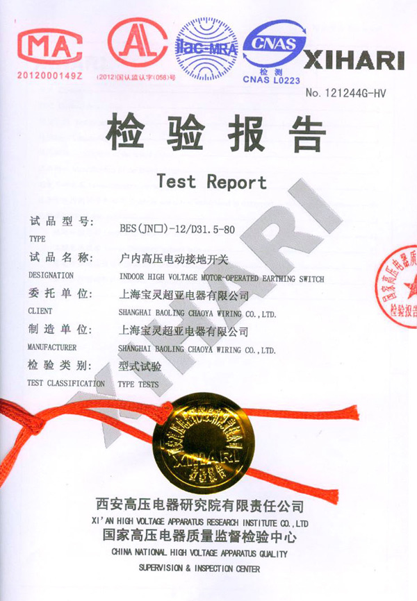 戶內(nèi)高壓電動(dòng)接地開關(guān)檢驗(yàn)報(bào)告