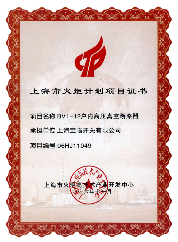 BVI-12戶內(nèi)高壓真空斷路器火炬計劃項目證書